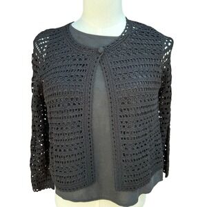 Liz Claiborne‎ Crochet Knit Cardigan Sweater Wms L Black Cropped Minimalist NWT